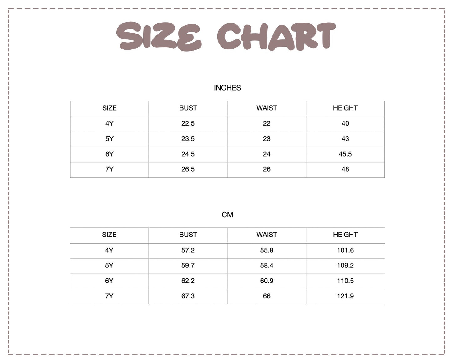 Patterns For Kidz size chart 4Y-7Y.