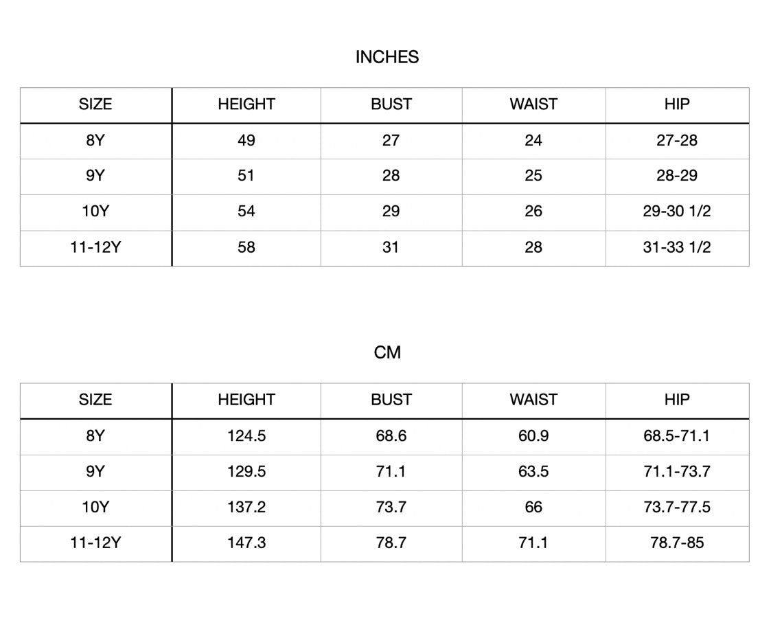 Patterns For Kidz 8y-12y size chart