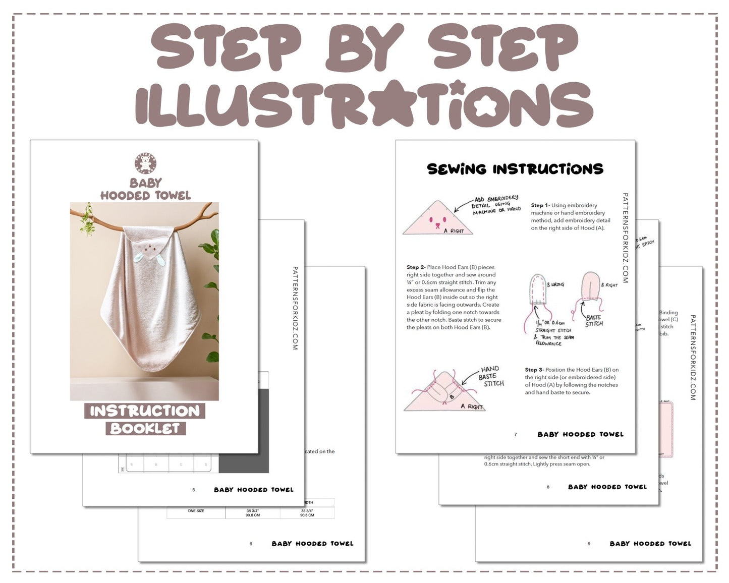 Baby Hooded Towel sewing pattern step by step illustrations.