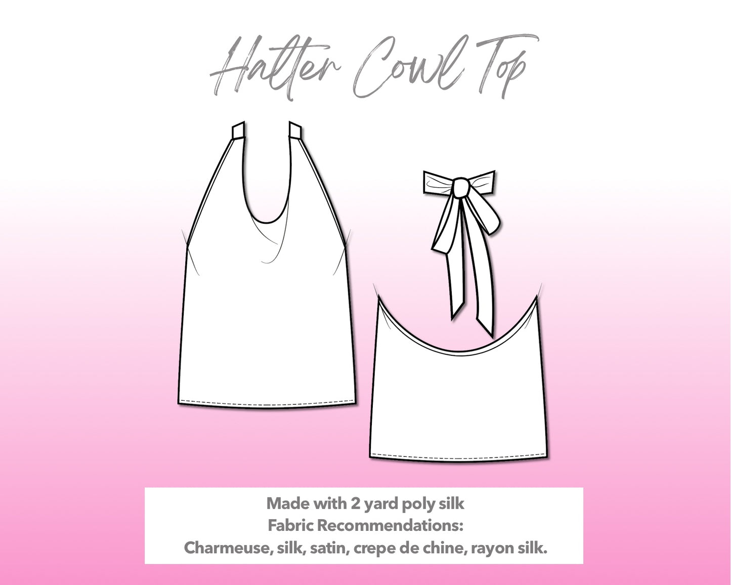Illustration and detailed description for Back Tie Halter Cowl Top sewing pattern.