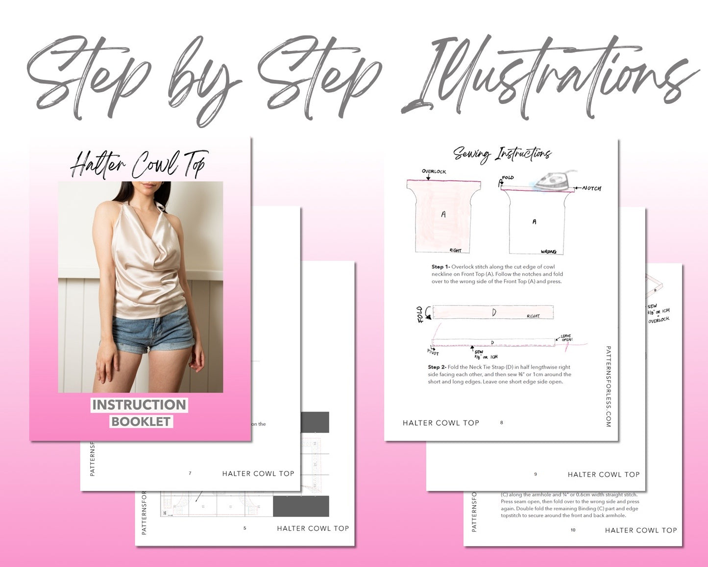 Back Tie Halter Cowl Top sewing pattern step by step illustrations.