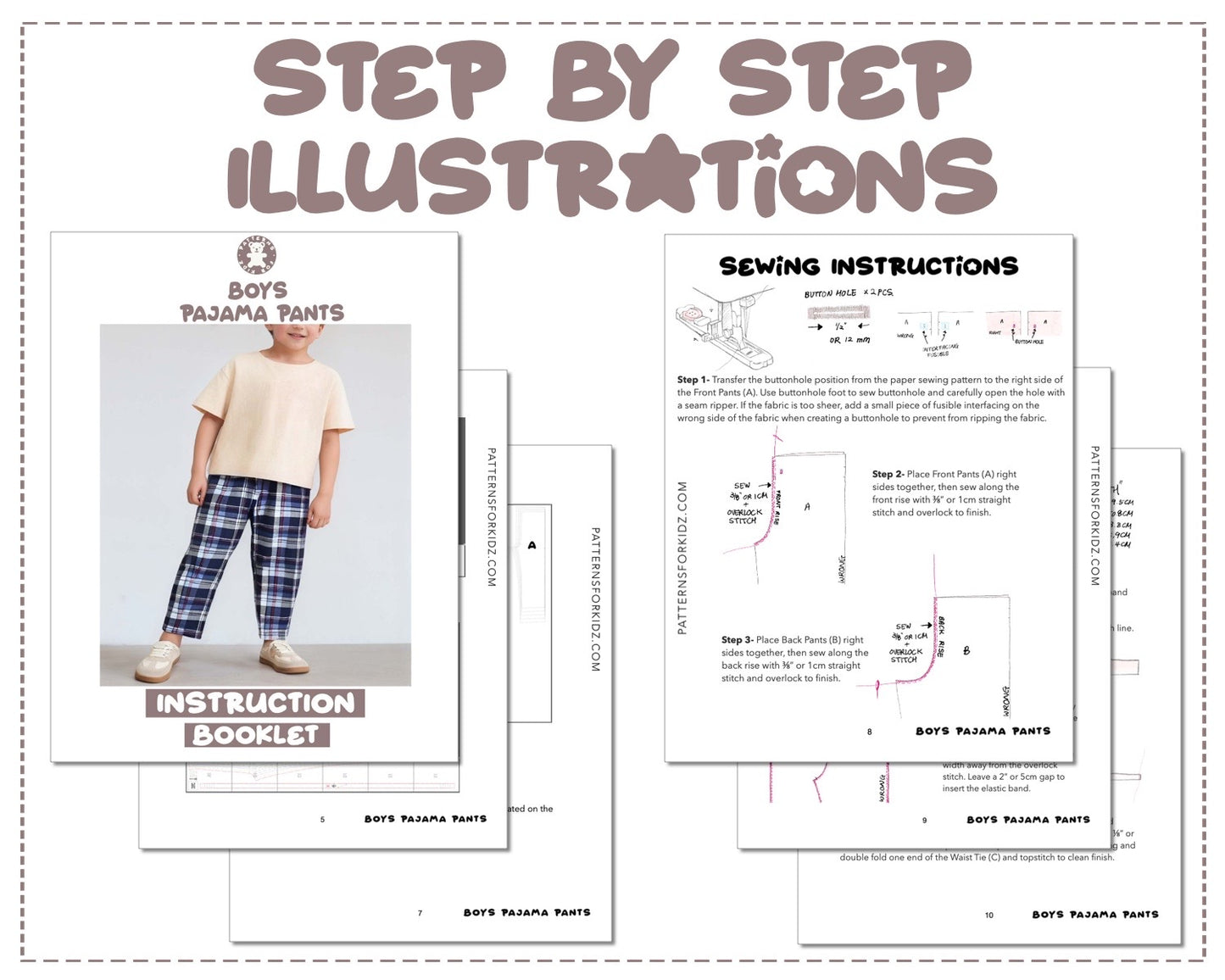 Boys Pajama Pants sewing pattern step by step illustrations.