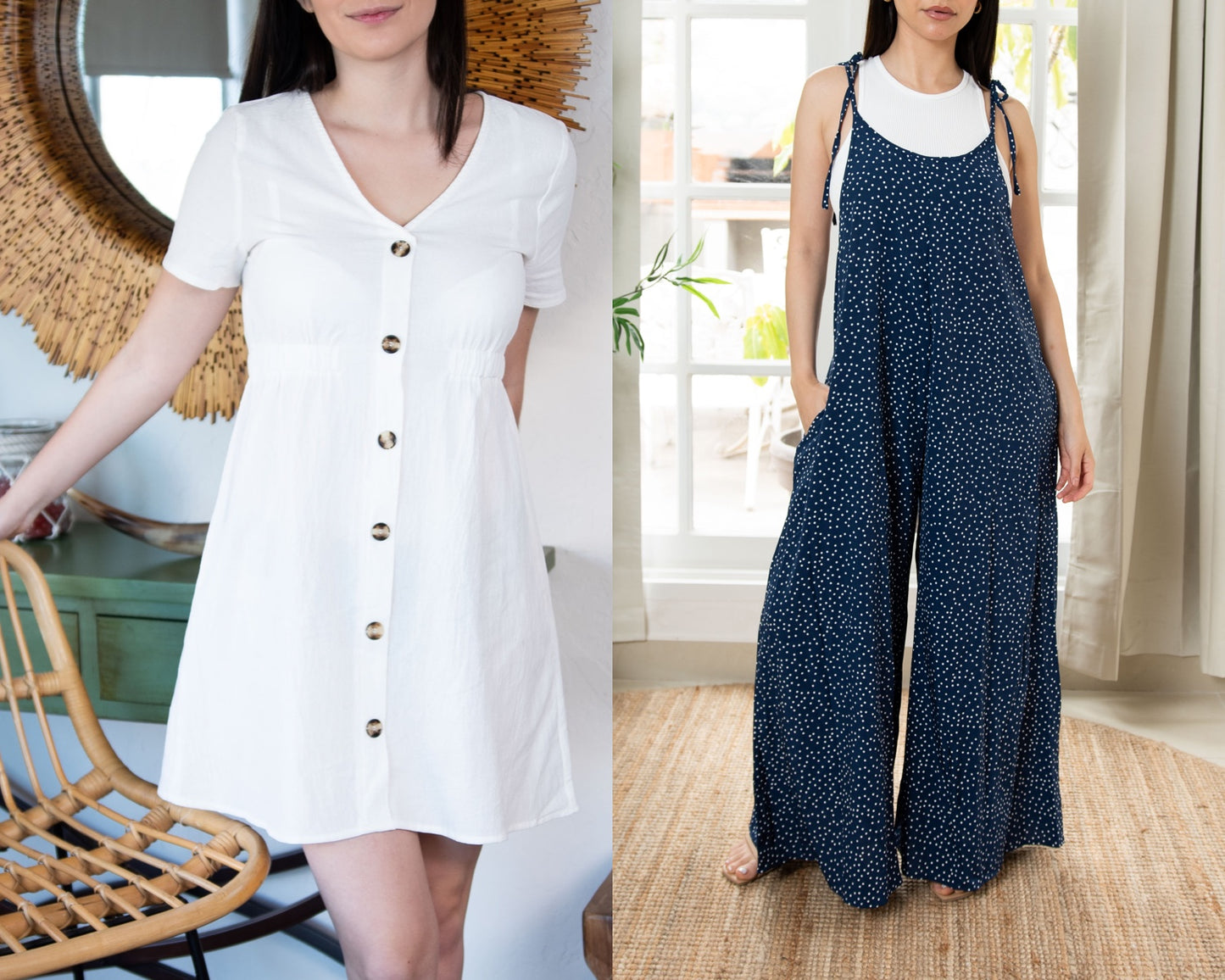 Front view of Button Down Dress and Tie Shoulder Jumpsuit.