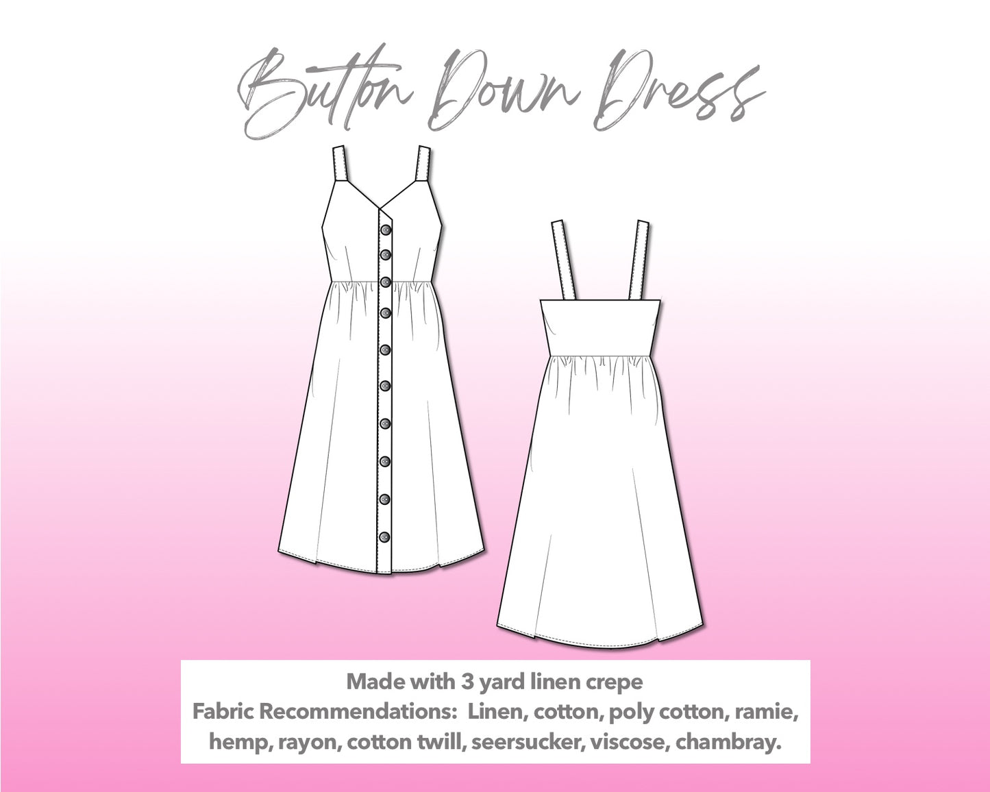 Illustration and detailed description for Button Down Sweetheart Long Dress sewing pattern.