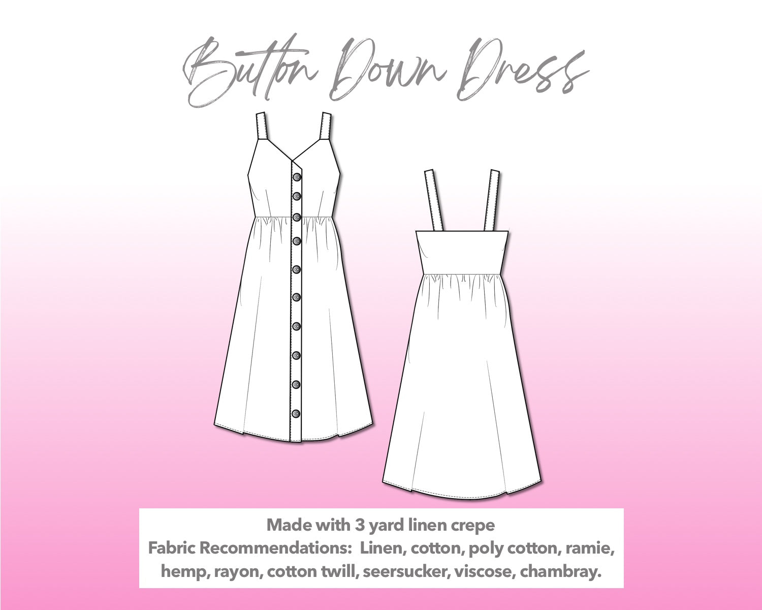 Illustration and detailed description for Button Down Sweetheart Long Dress sewing pattern.