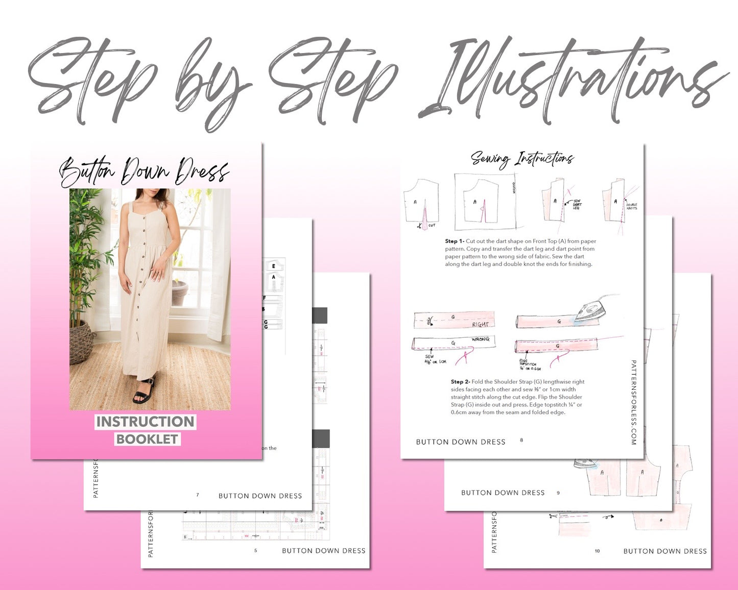 Button Down Sweetheart Long Dress sewing pattern step by step illustrations.