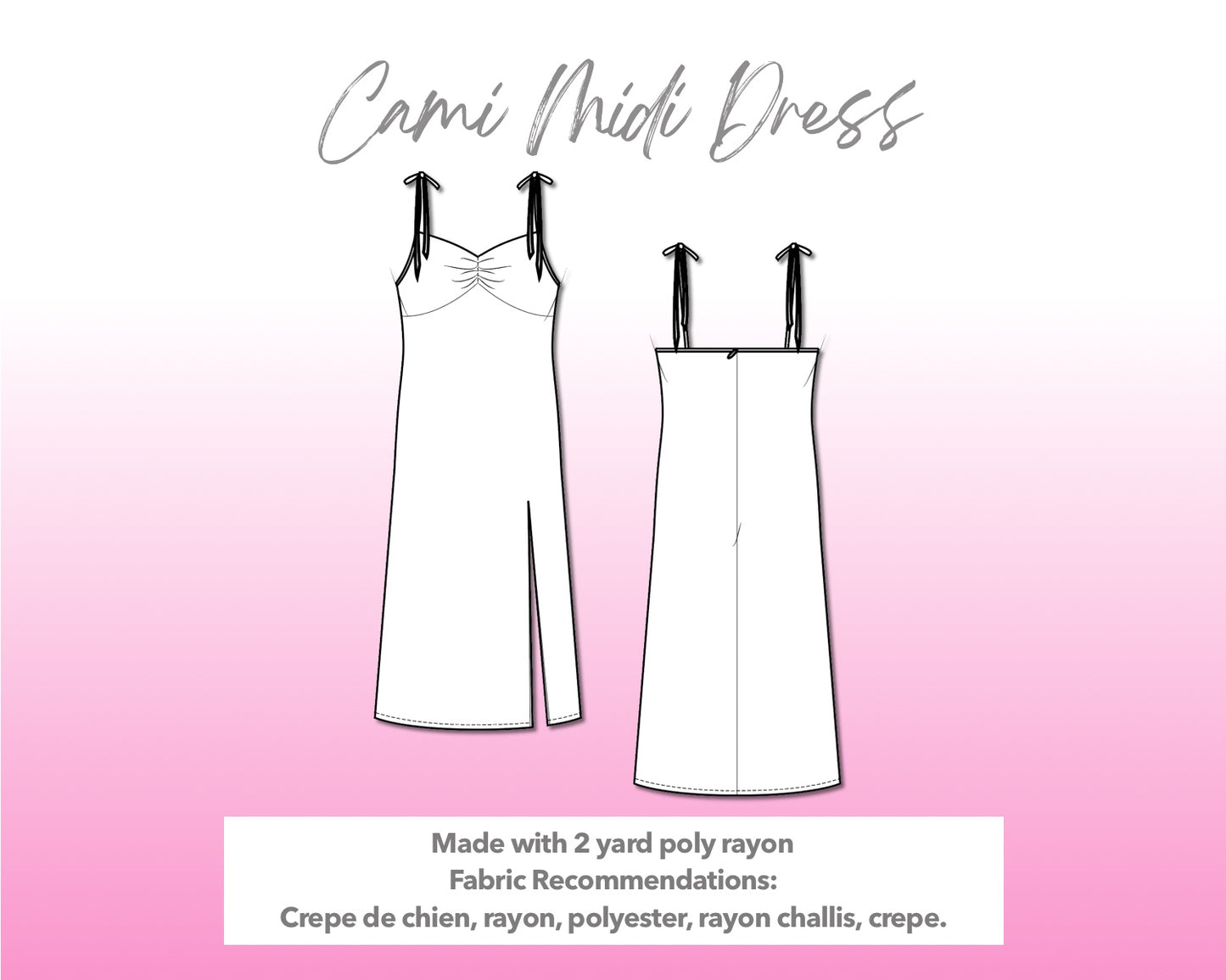 Illustration and detailed description for Cami Slip Midi Dress sewing pattern.