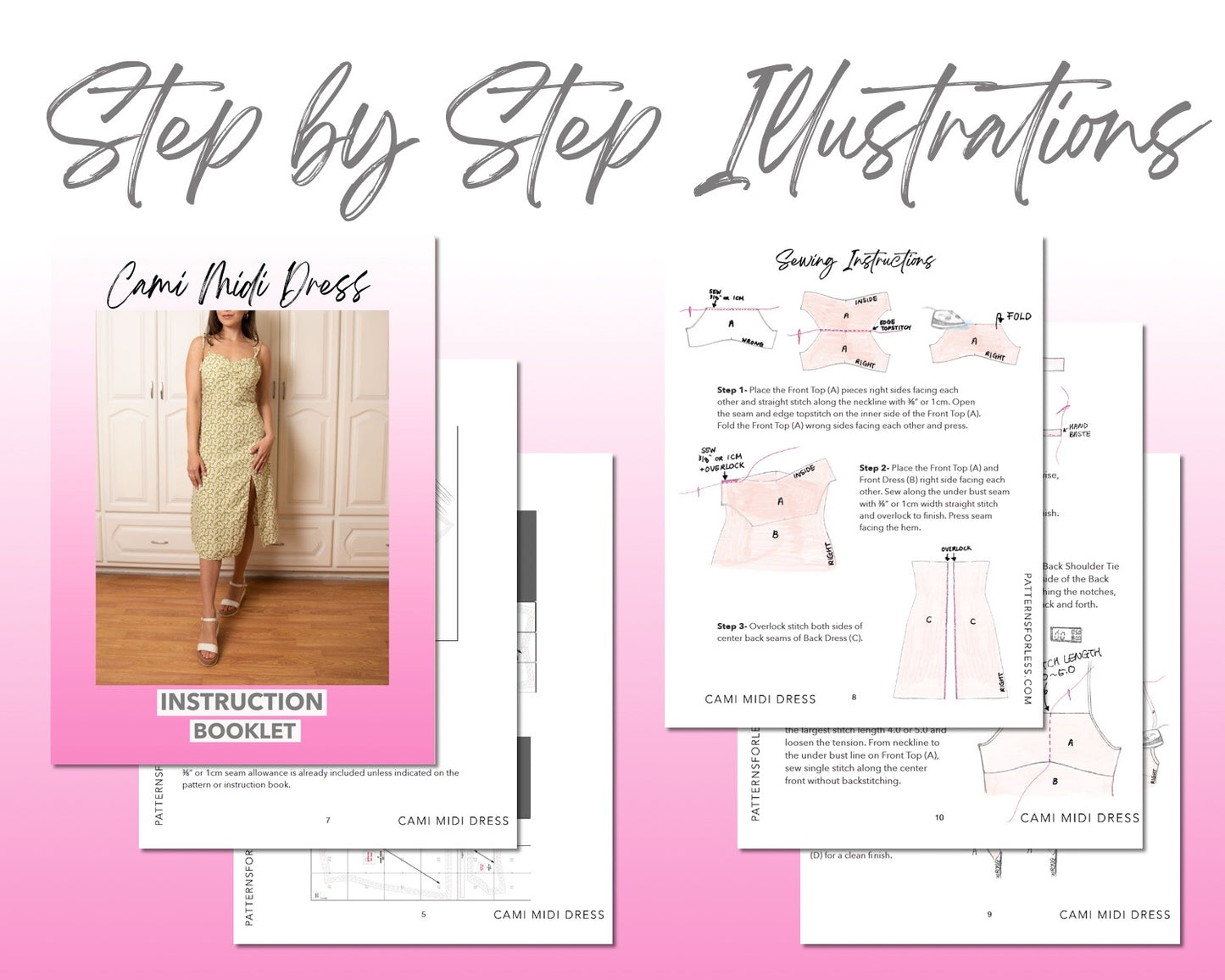 Cami Slip Midi Dress sewing pattern step by step illustrations.