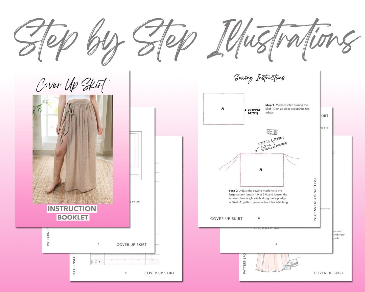 Cover Up Maxi Skirt sewing pattern step by step illustrations.