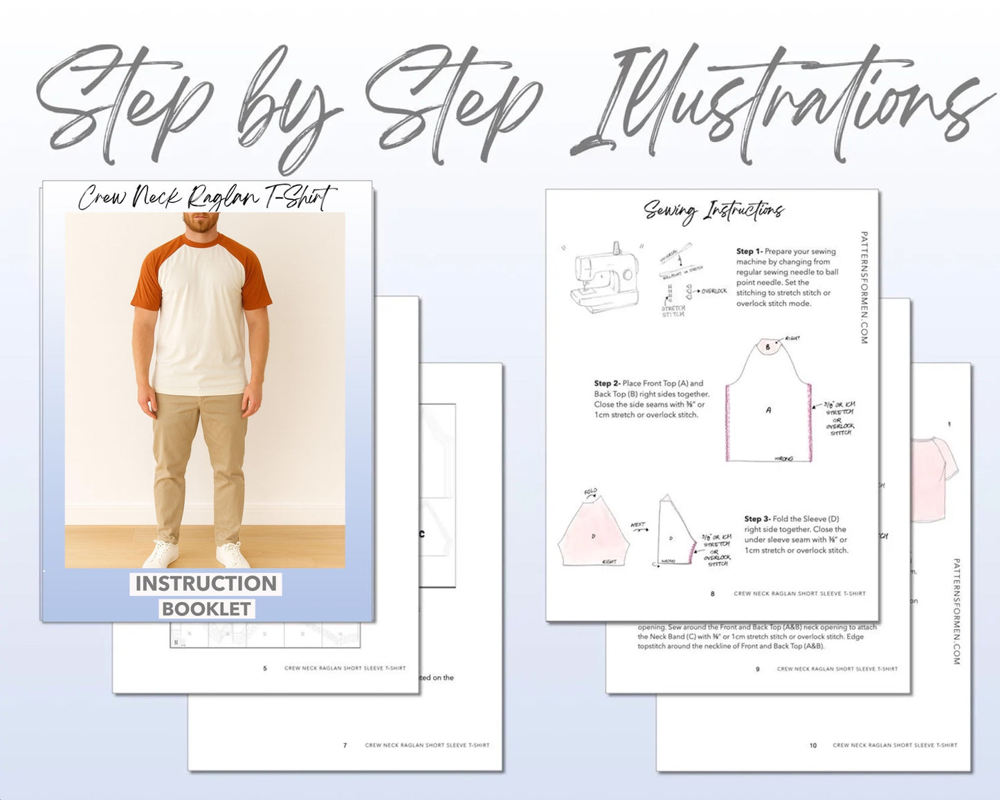 Crew Neck Raglan Short Sleeve T-Shirt sewing pattern instruction booklet showing step by step illustrations to make the garment.