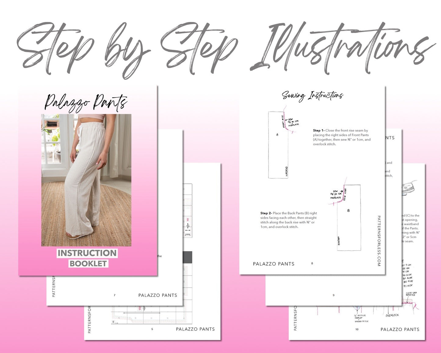 Drawstring Palazzo Pants sewing pattern step by step illustrations.