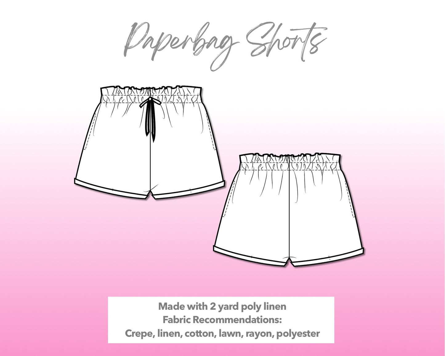 Illustration and detailed description for Drawstring Paperbag Shorts sewing pattern.