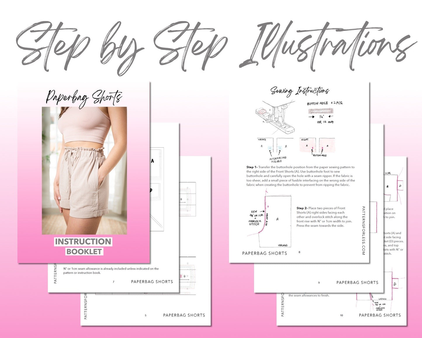 Drawstring Paperbag Shorts sewing pattern step by step illustrations.