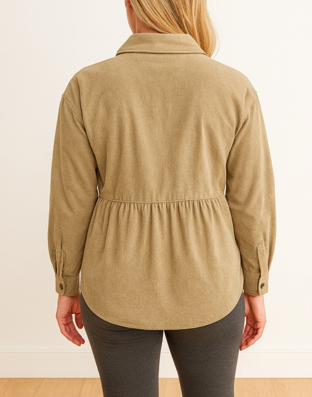 Back view of Flap Pocket Drop Shoulder Peplum Shirt.