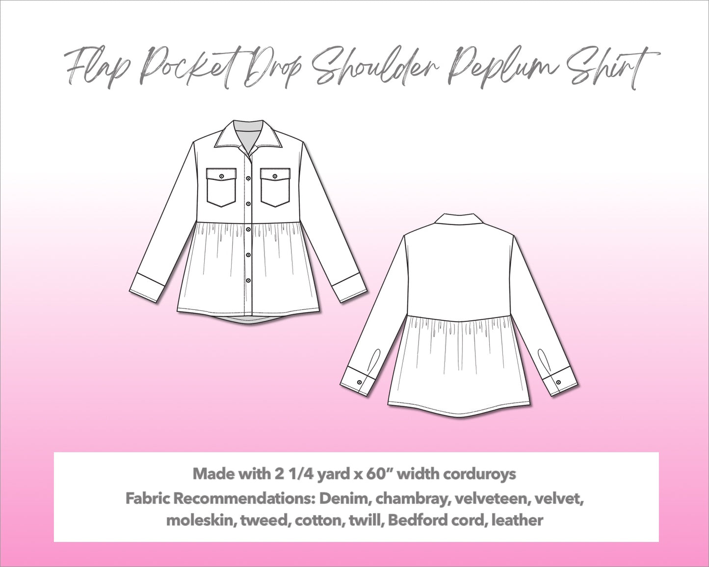 Illustration and detailed description for Flap Pocket Drop Shoulder Peplum Shirt sewing pattern.