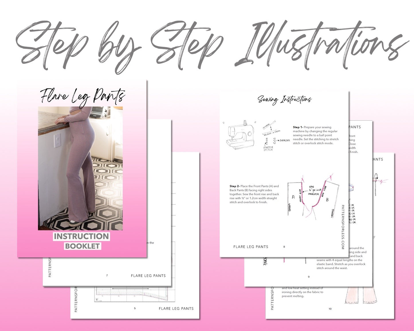 Flare Leg Knit Pants sewing pattern step by step illustrations.