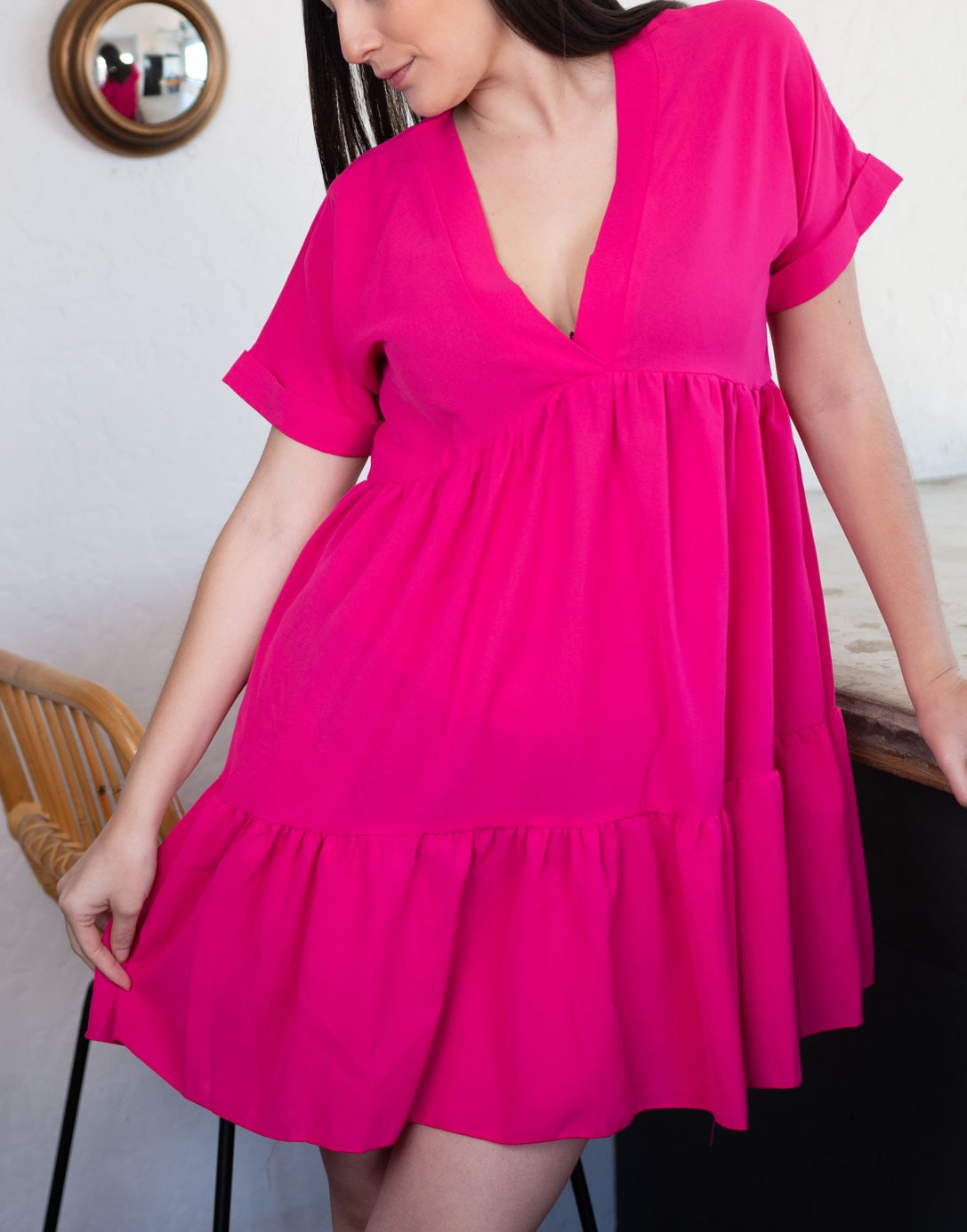 Full length photo of Gathered Smock Tunic Mini Dress.