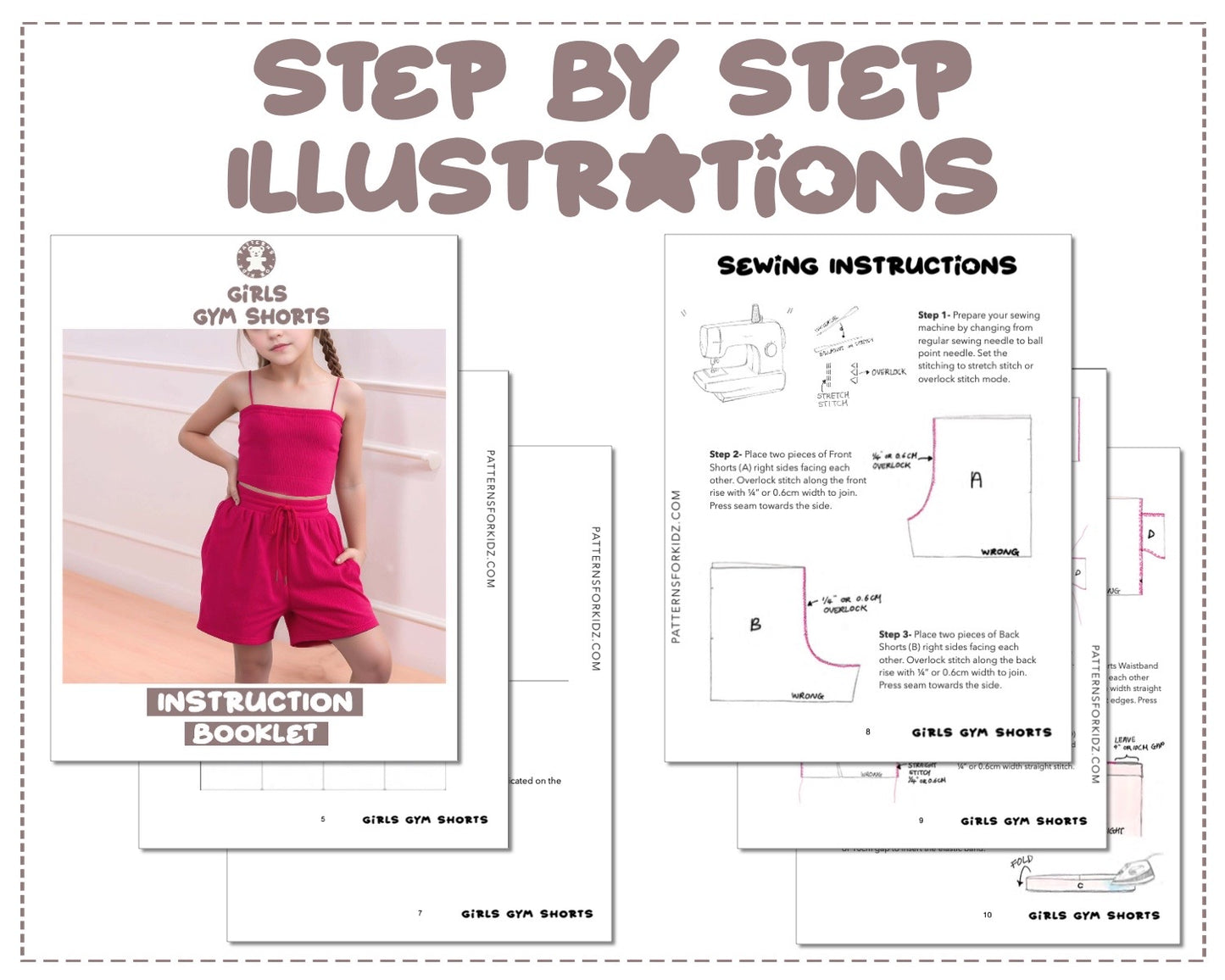 Girls Gym Shorts sewing pattern step by step illustrations.
