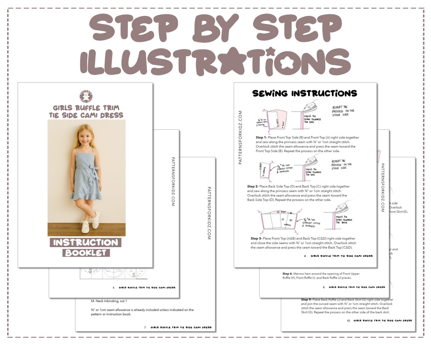 Girls Ruffle Trim Tie Side Cami Dress sewing pattern step by step illustrations.