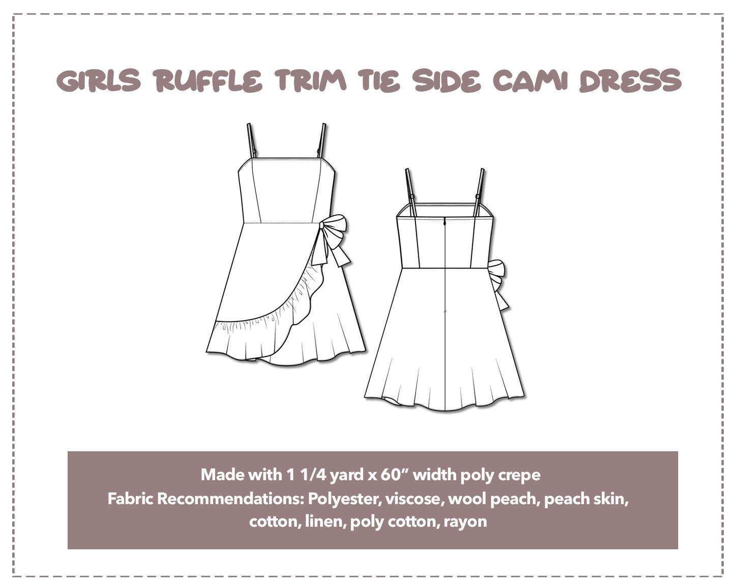 Illustration and detailed description for Girls Ruffle Trim Tie Side Cami Dress sewing pattern.
