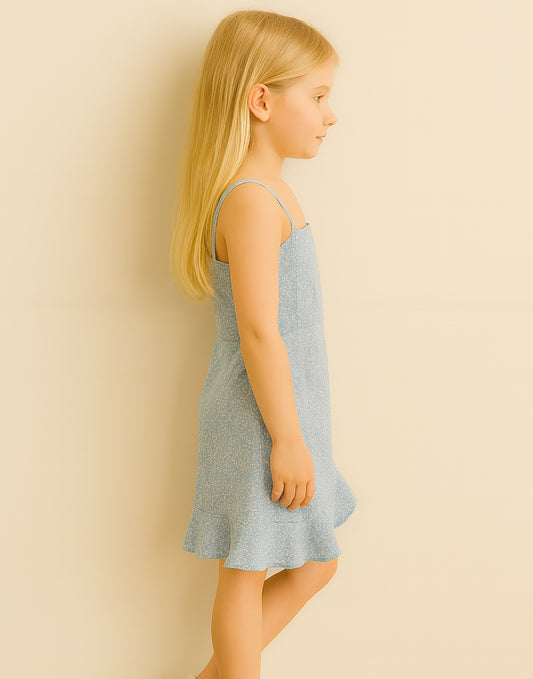Side view of young girl wearing a light blue Ruffle Trim Tie Side Cami Dress against a beige background.
