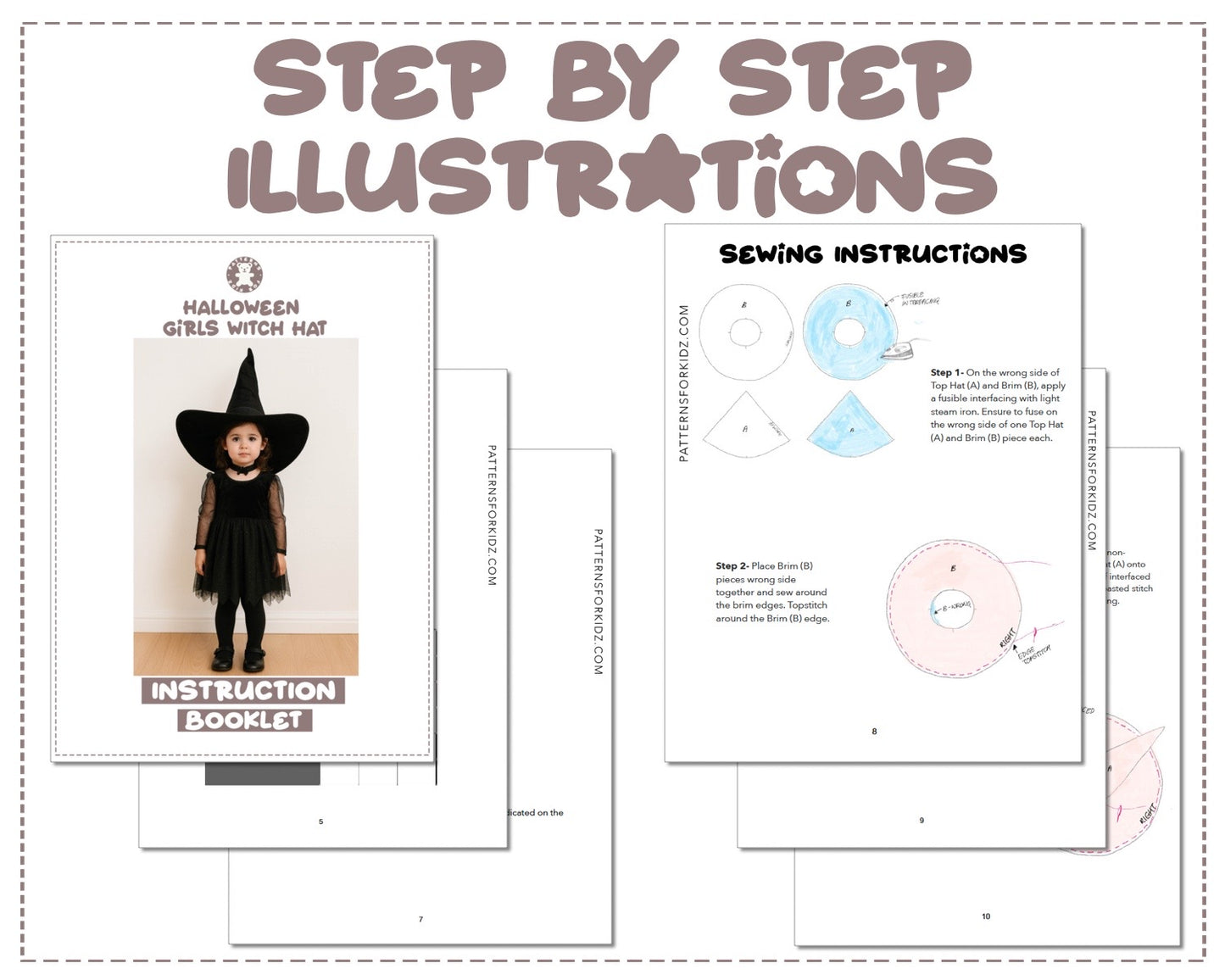 Girls Witch Hat sewing pattern instruction booklet showing step by step illustrations to make the garment.