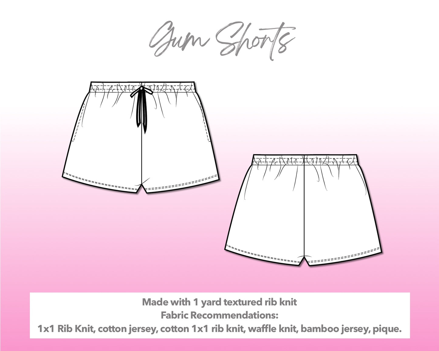 Illustration and detailed description for Gym Drawstring Knit Shorts sewing pattern.