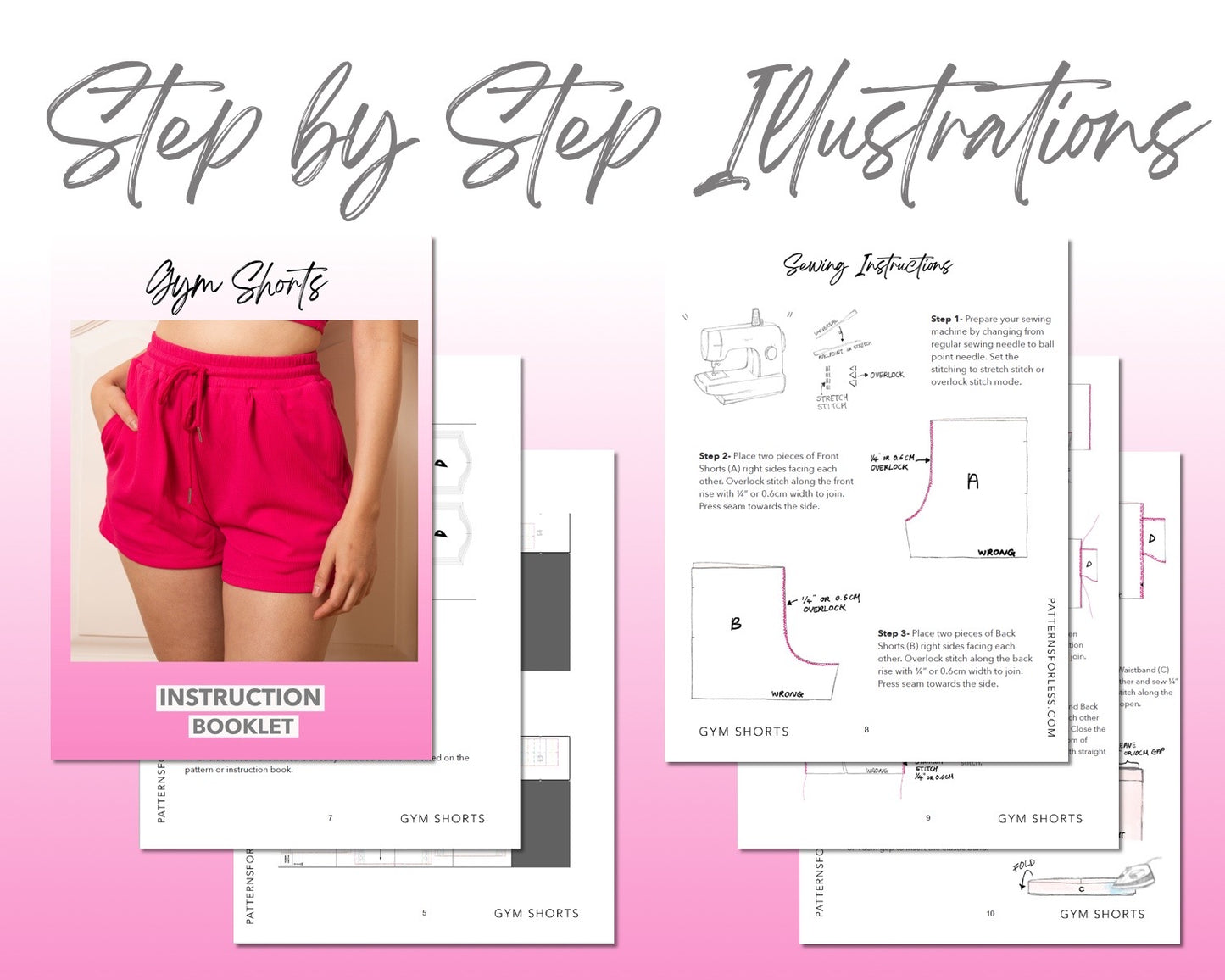 Gym Drawstring Knit Shorts sewing pattern step by step illustrations.