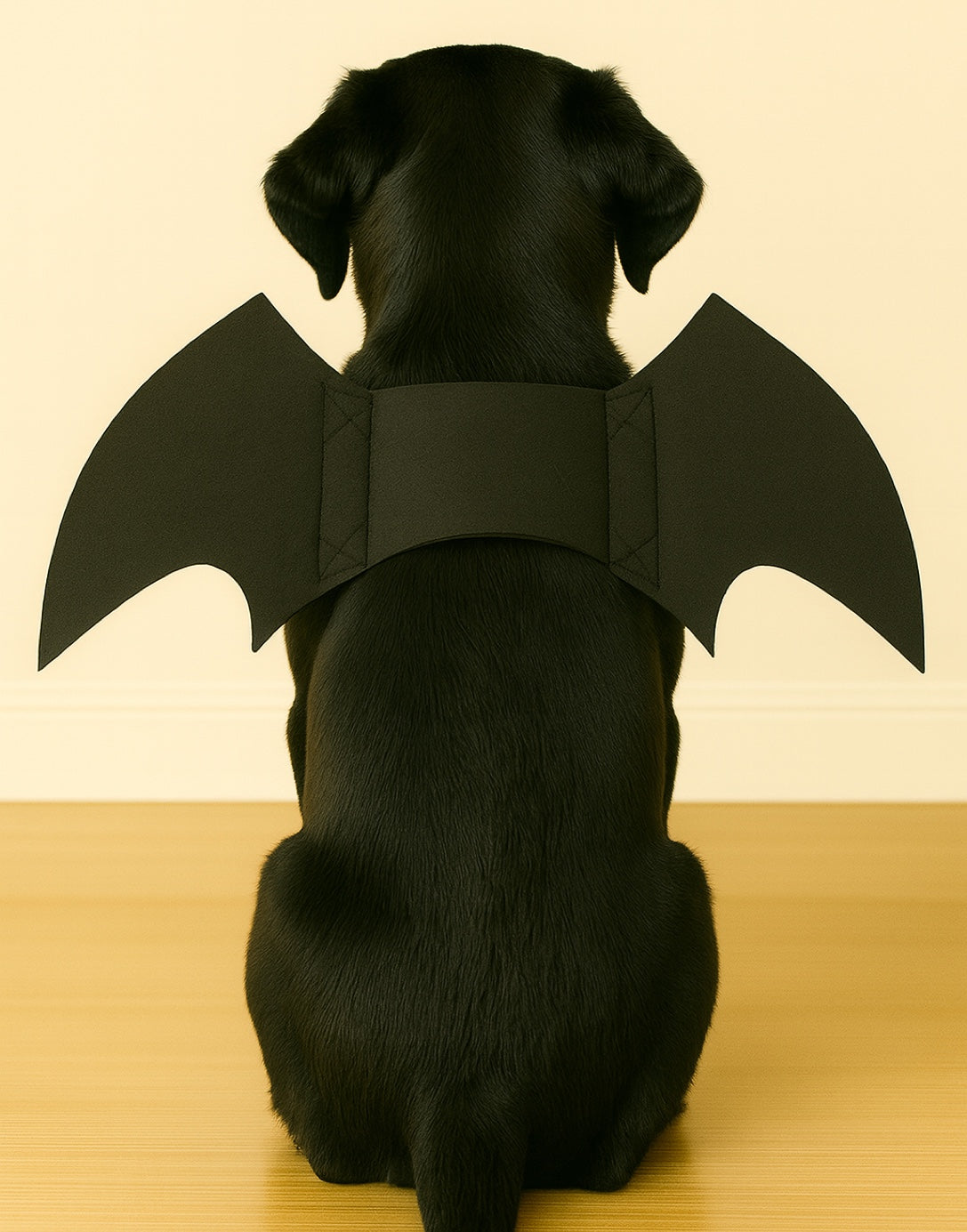 Back view of black dog wearing a bat wing costume on a wooden floor with a beige wall background