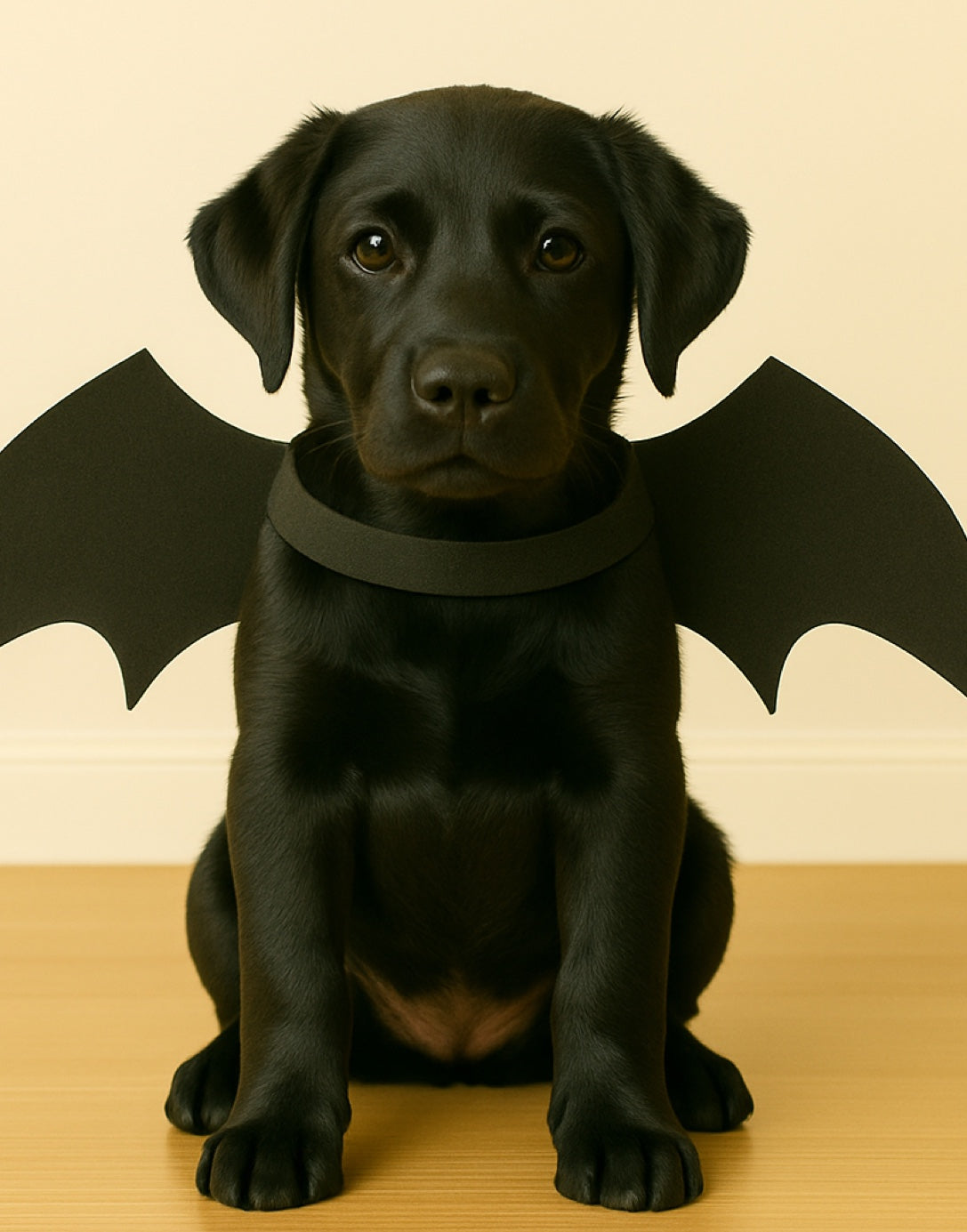 Black puppy wearing bat wings on a beige background