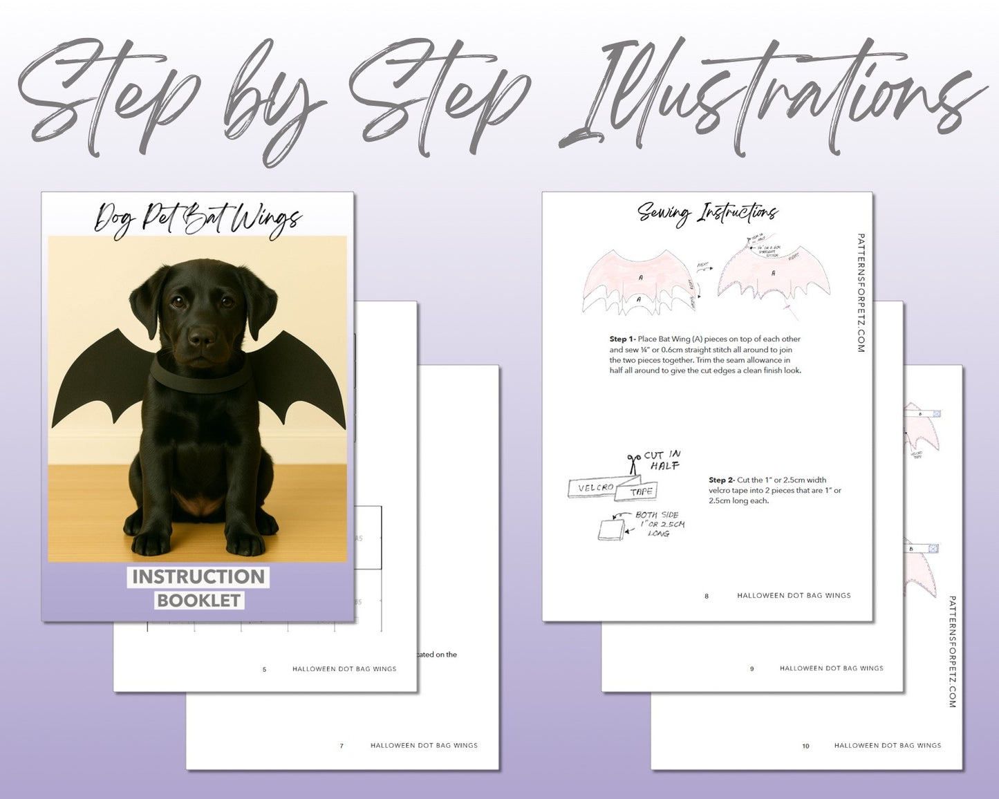 Halloween Dog Bat Wings sewing pattern instruction booklet showing step by step illustrations to make the garment.