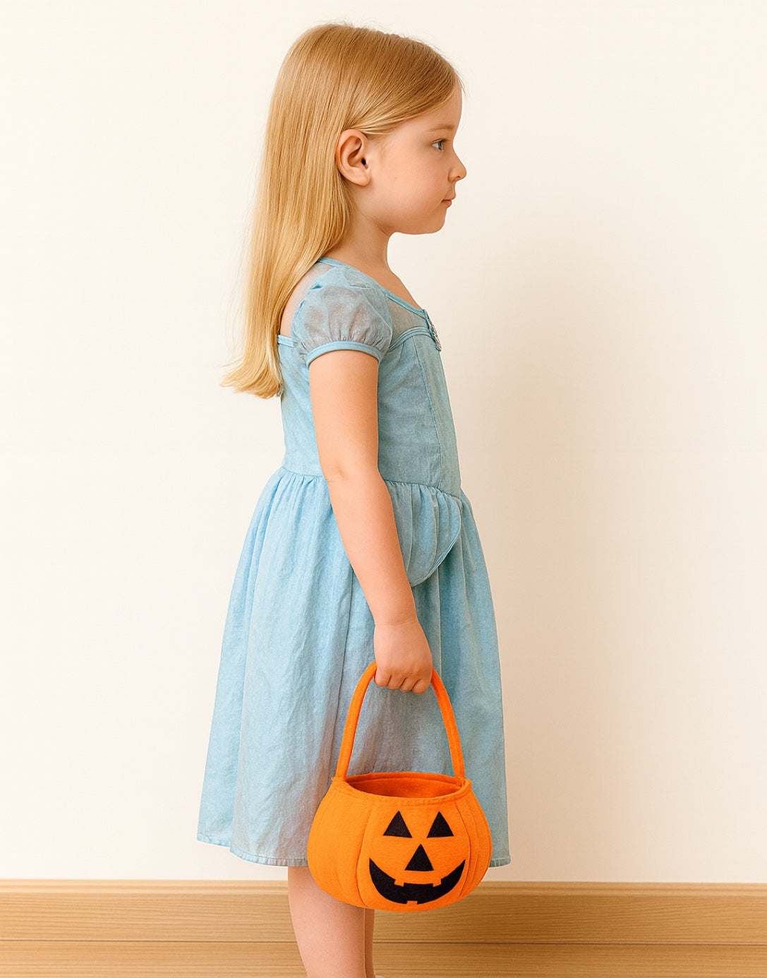 Side view of young girl in a blue dress holding an orange pumpkin-shaped Halloween Trick Or Treat Bag against a plain background.