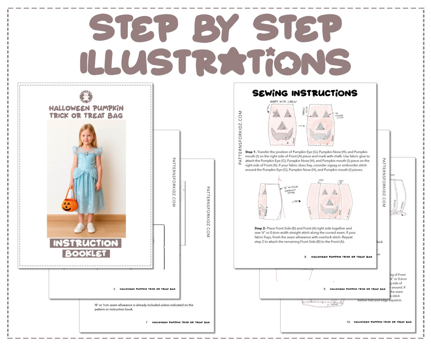 Halloween Pumpkin Trick Or Treat Bag sewing pattern instruction booklet showing step by step illustrations to make the garment.