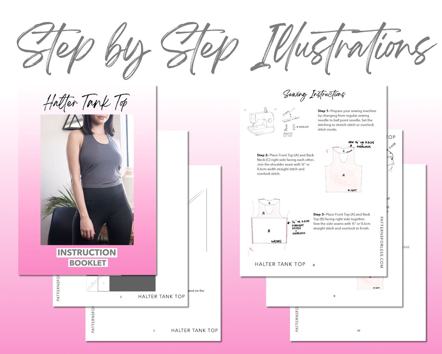 Halter Knit Tank sewing pattern step by step illustrations.