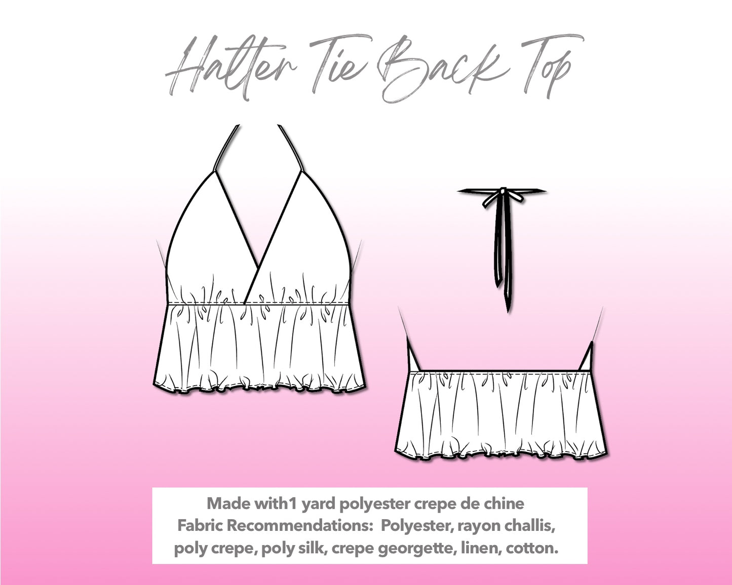 Illustration and detailed description for Halter Tie Back Peplum Top sewing pattern.