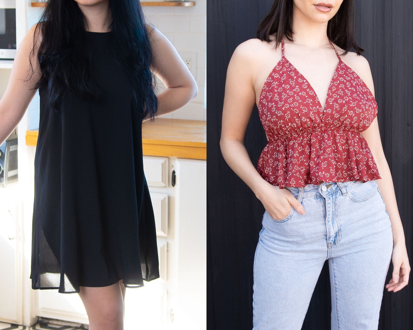 Front view of Halter Tie Back Top and Halter Cami Dress.