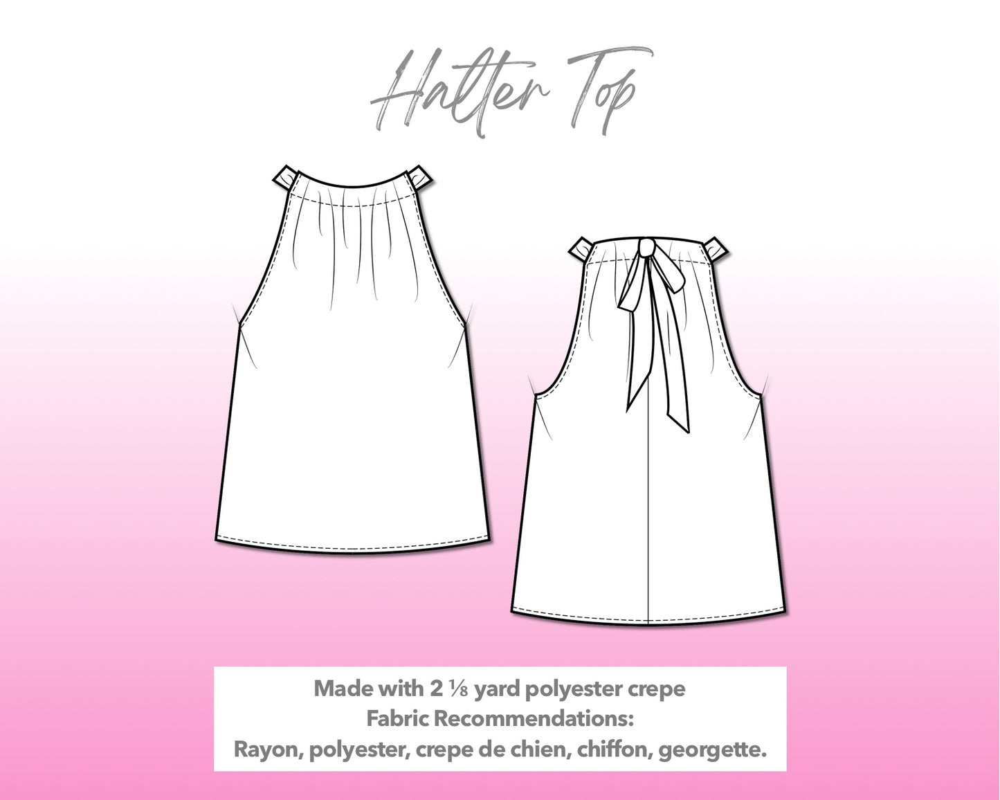 Illustration and detailed description for Halter Tie Back Top sewing pattern.