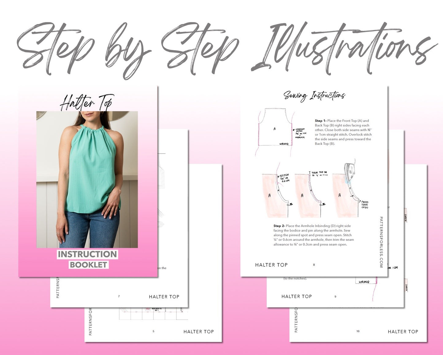 Halter Tie Back Top sewing pattern step by step illustrations.
