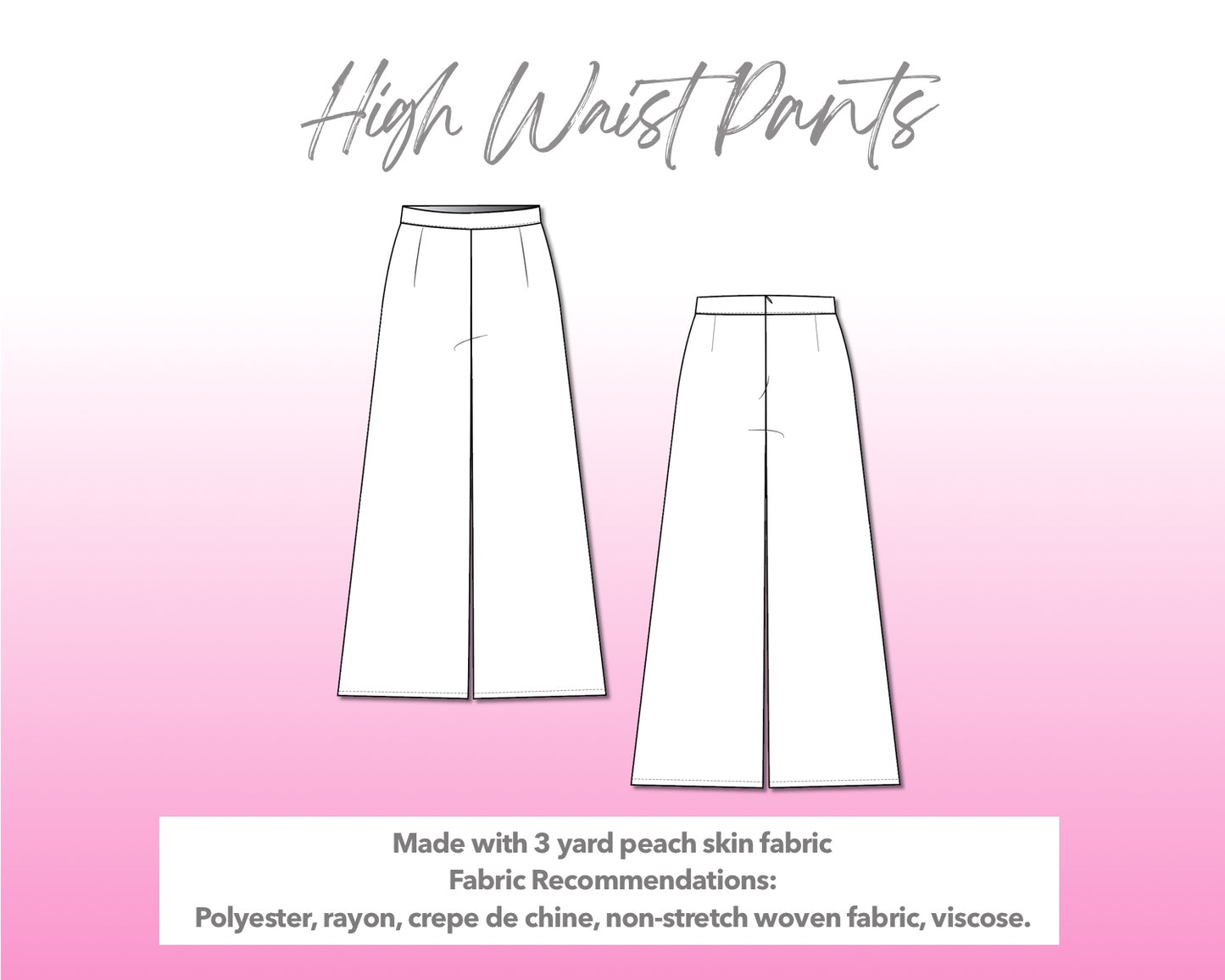 Illustration and detailed description for High Waist Wide Leg Pants sewing pattern.