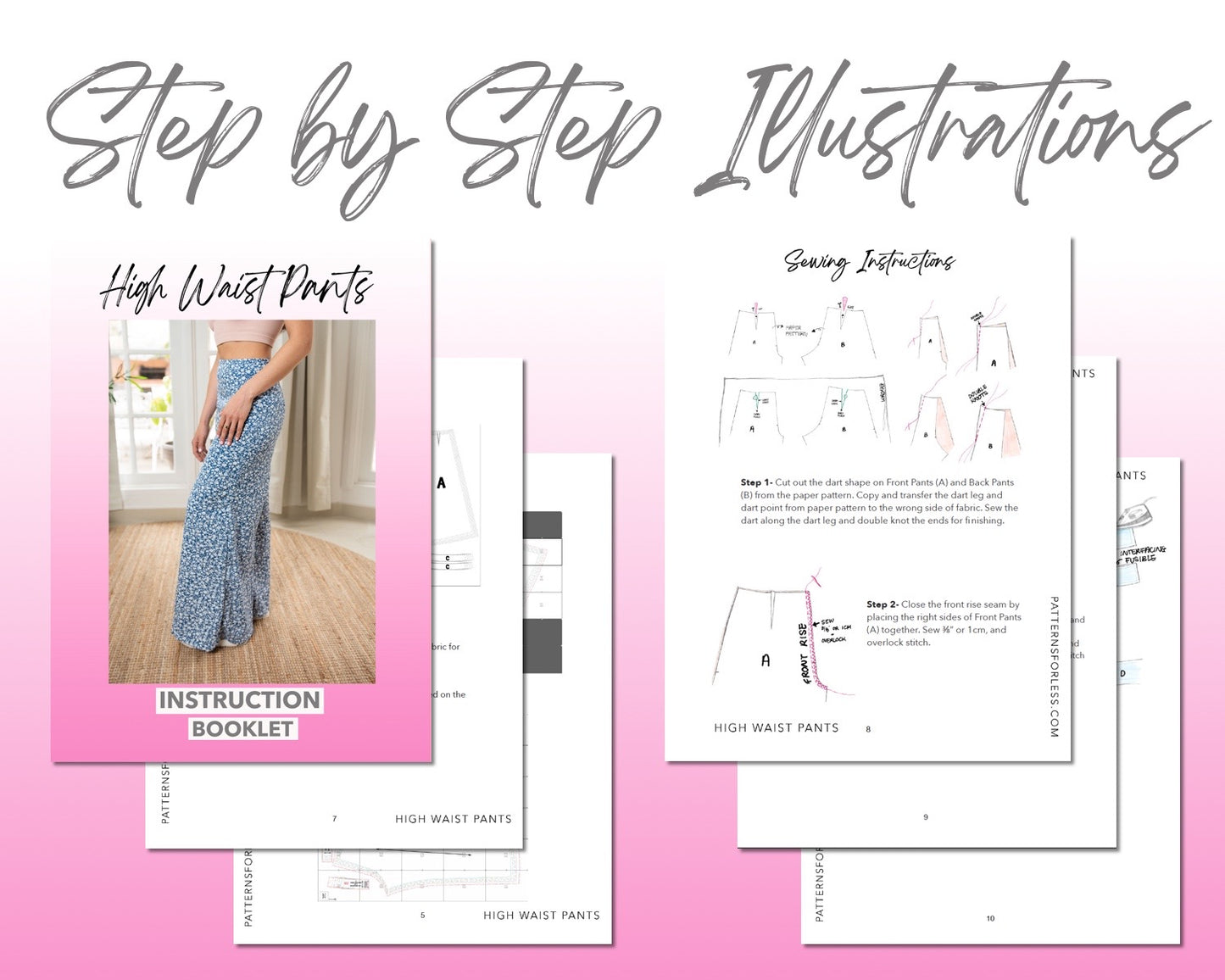 High Waist Wide Leg Pants sewing pattern step by step illustrations.