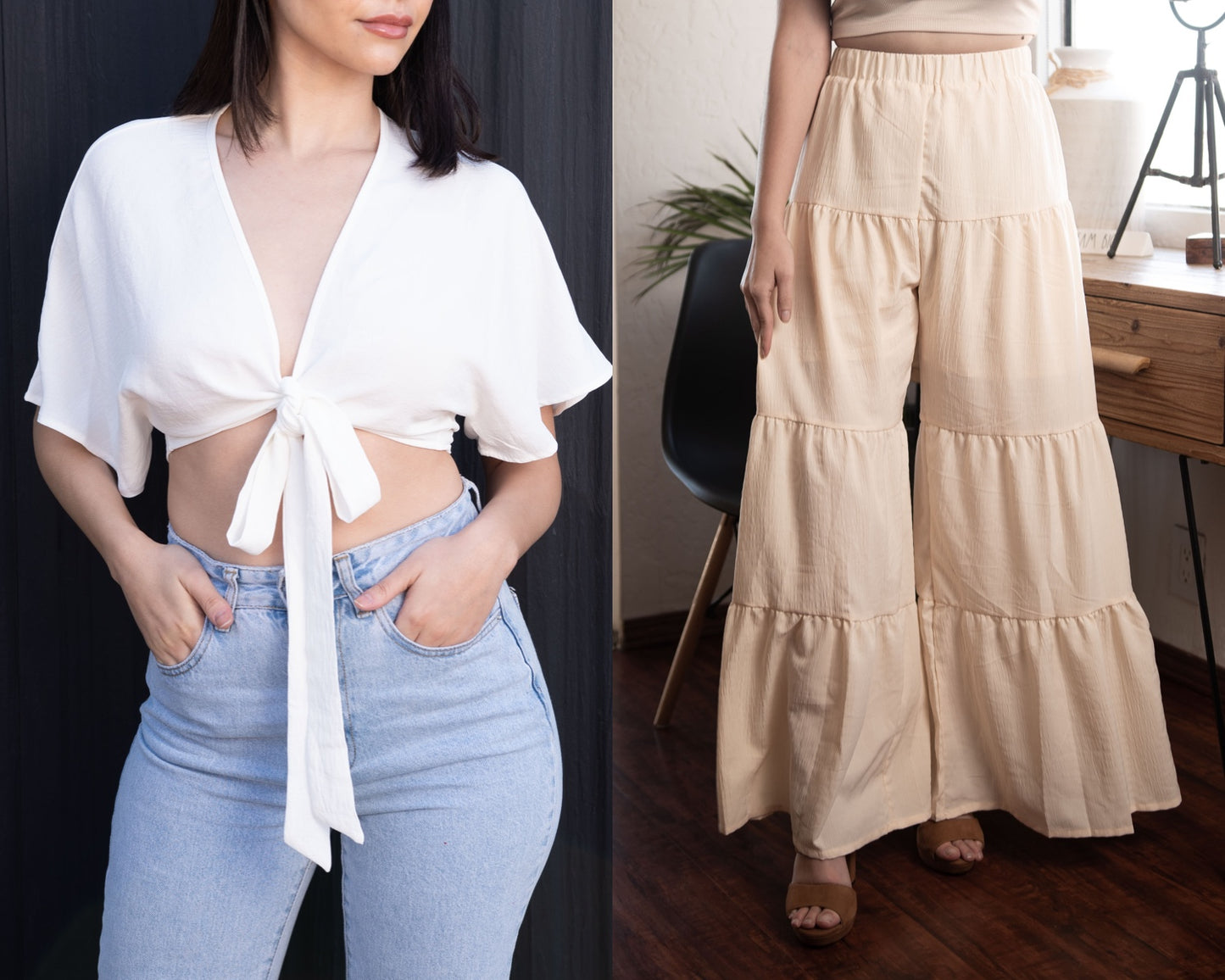 Front view of Kimono Sleeve Crop Top and Boho Pants.