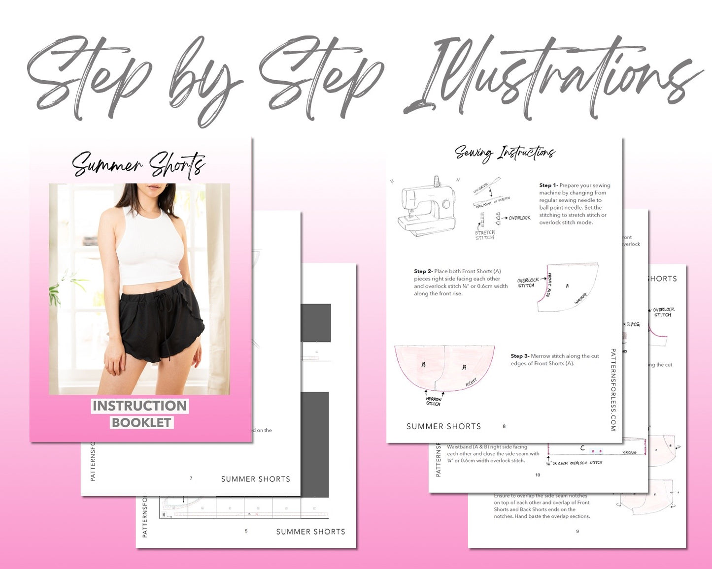 Loungewear Lettuce Hem Knit Shorts sewing pattern step by step illustrations.