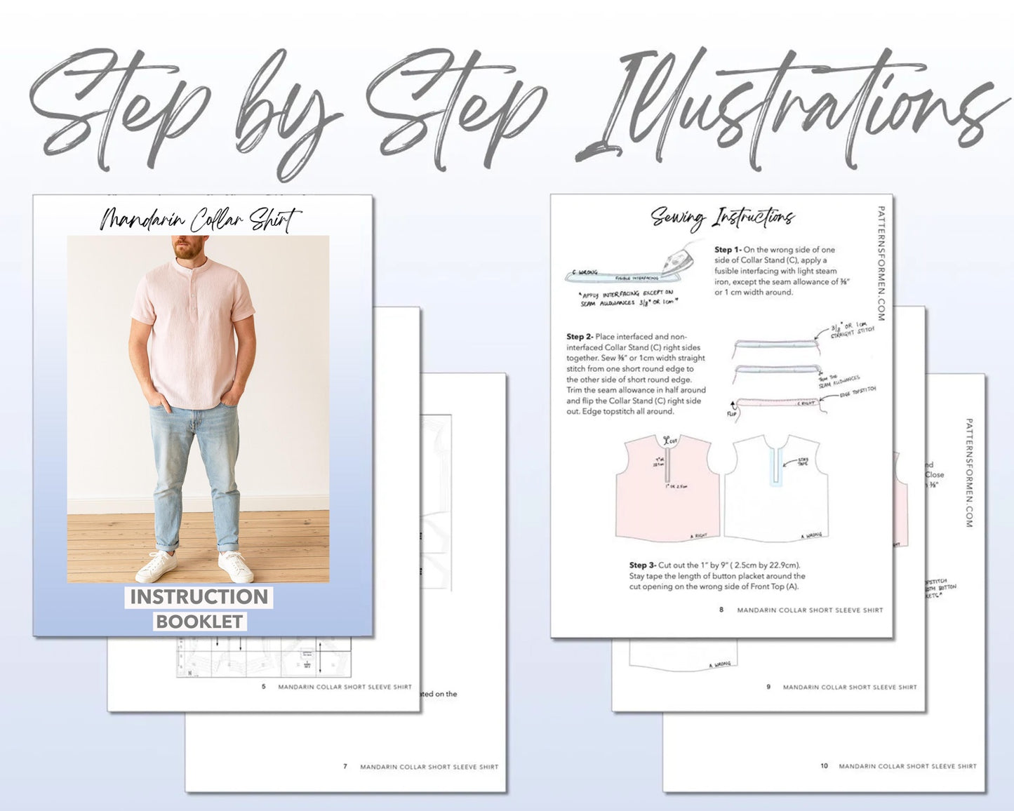 Mandarin Collar Short Sleeve Shirt sewing pattern instruction booklet showing step by step illustrations to make the garment.