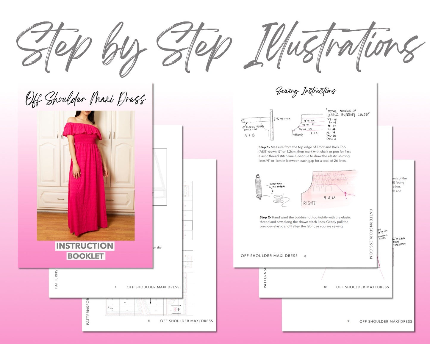 Off Shoulder Maxi Dress sewing pattern step by step illustrations.