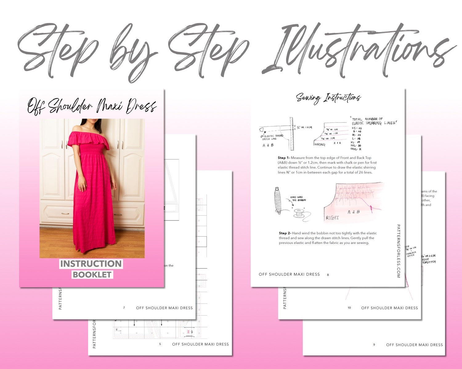 Off Shoulder Maxi Dress sewing pattern step by step illustrations.