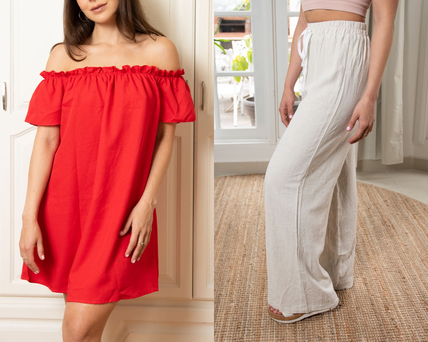 Front view of Off Shoulder Mini Dress and Palazzo Pants.