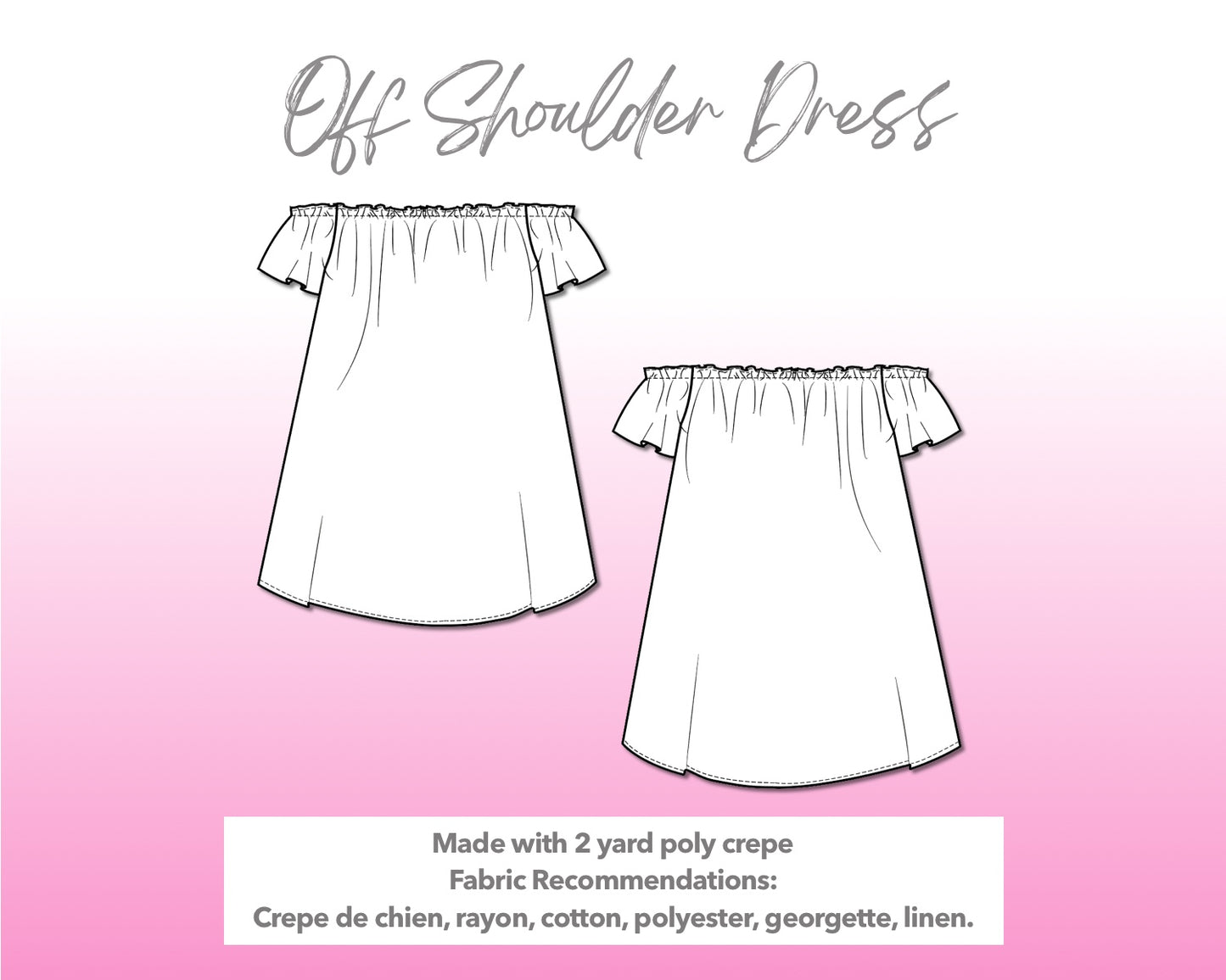 Illustration and detailed description for Off Shoulder Mini Dress sewing pattern.