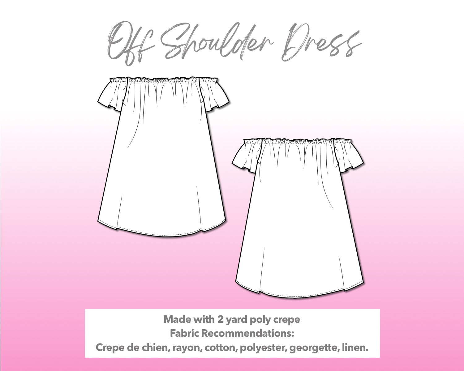Illustration and detailed description for Off Shoulder Mini Dress sewing pattern.