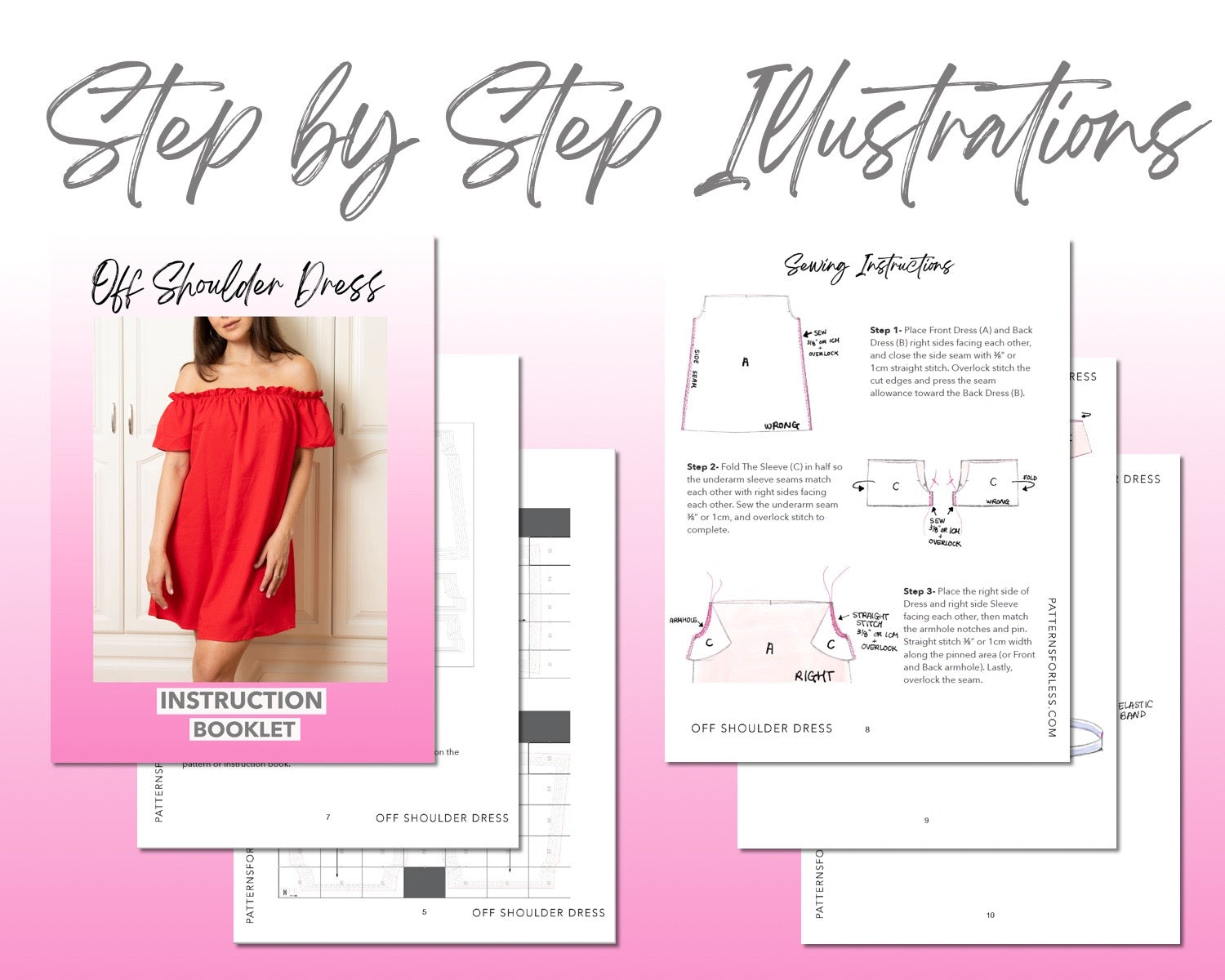 Off Shoulder Mini Dress sewing pattern step by step illustrations.