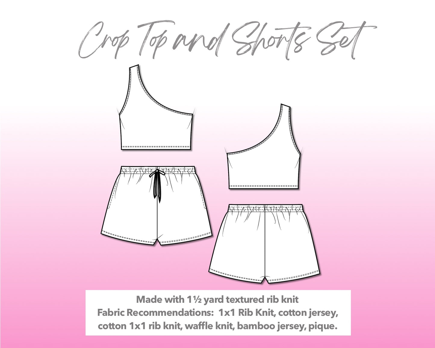 Illustration and detailed description for One Shoulder Crop Tank Top And Gym Shorts sewing pattern.